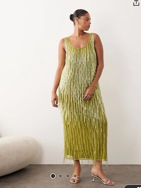 NWOT ARRANGE Curve beaded fringe scoop neck midi dress in olive - Plus Size 24